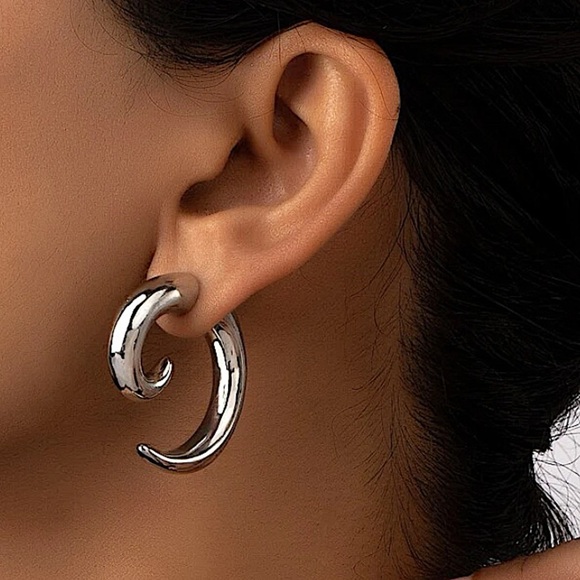 Silver Minimalist Cuff Hoop Earrings, Stud, Punk, Spiral - Picture 1 of 5